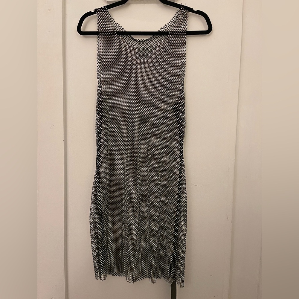 Black fishnet rhinestone mini dress